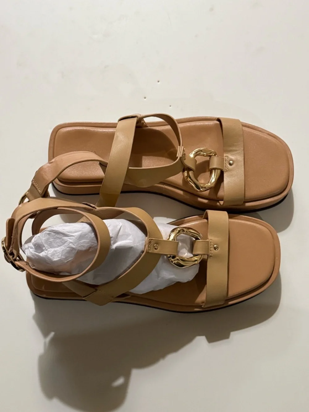 Zara Women's Tan Leather Strap Sandals with Gold Accent - Picture 3 of 6